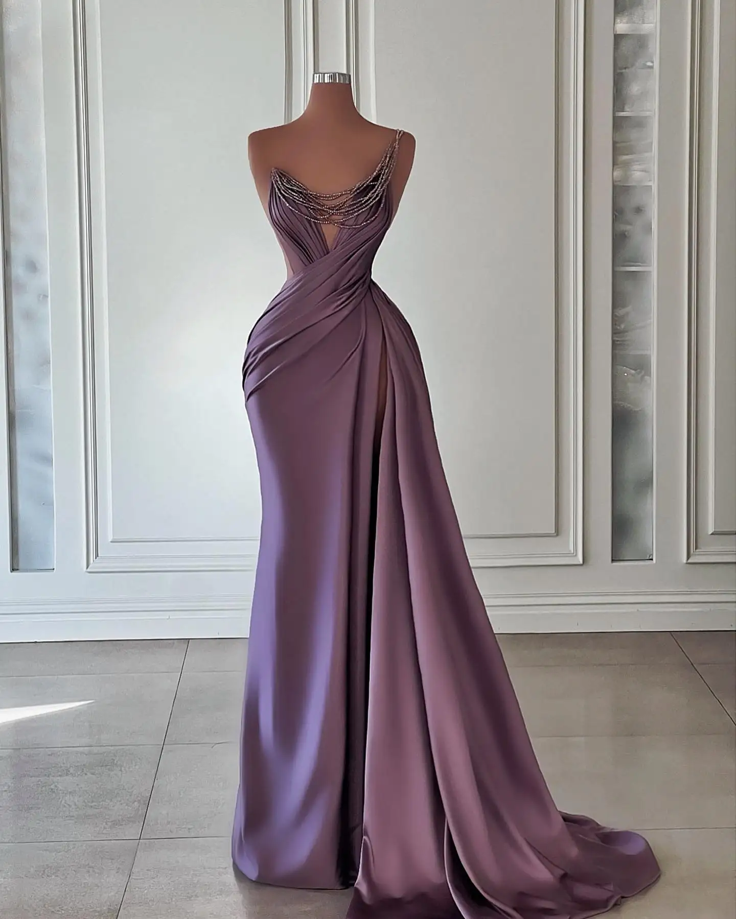 

Purple Sheer-Neck Formal Prom Dress Pleated Beaded Lines Side Slit Sexy Evening Gowns Sleeveless Custom New Vestidos De Gala