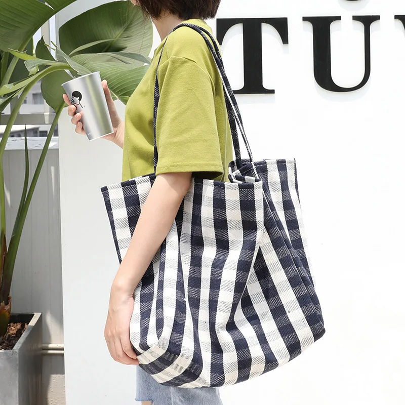 

Fashion Plaid Single Shoulder Bags for Women Korean Fresh Canvas Bag Students Casual Literature and Art Large-capacity Handbags