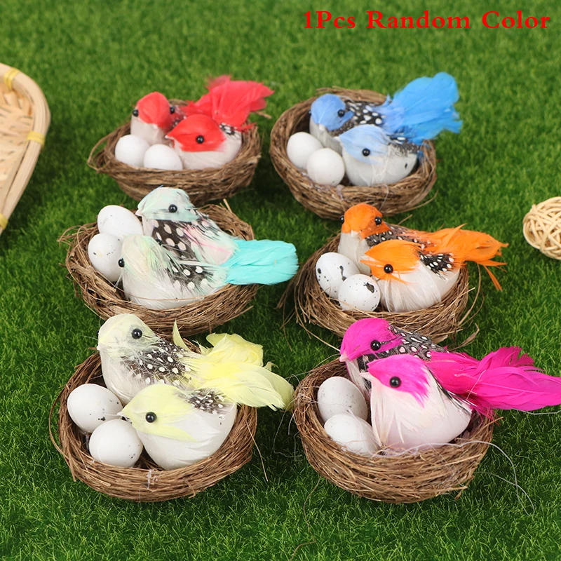

1 Set Artificial Feathered Birds Nest Egg Creative Craft Birds Sculpture Lawn Arts Ornaments Home Garden Lawn Decoration