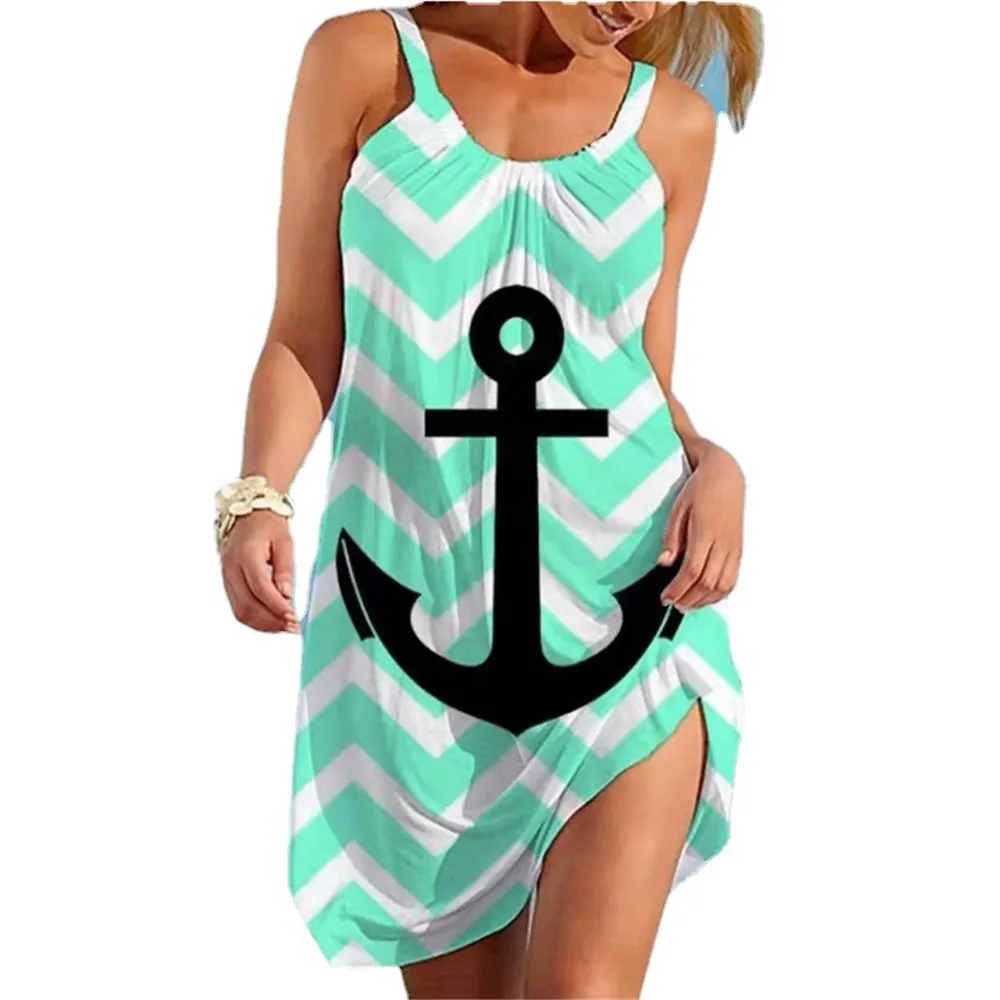 

Европейская и американская летняя новая женская юбка с 3D принтом, повседневное черно-белое платье в полоску с рисунком якоря