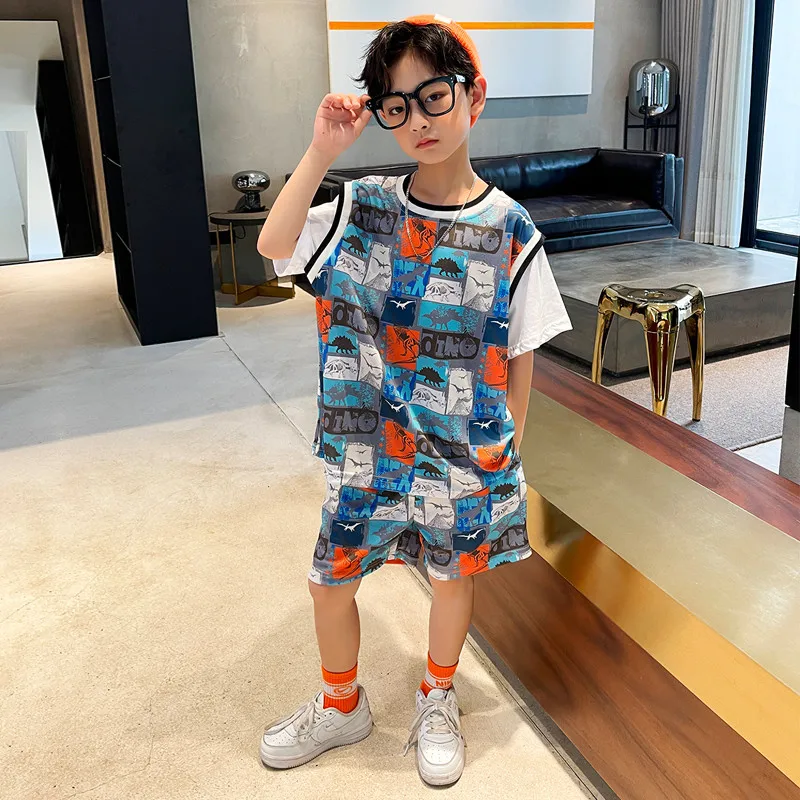 Teen Boys Clothes Set Fake Short Sleeve T-shirt + Shorts Summer Dinosaur Kids Sports Suit Children 2PCS Outfits 5 7 9 11 13 14 Y