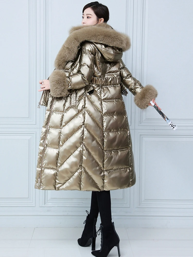 New Women Winter Real Fur Down Coat Elegant Fashion Double Fox Fur Collar Thicken Warm Long Wash Free Glossy Surface Down Jacket