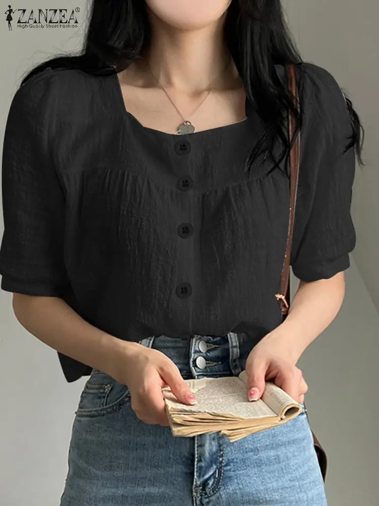 

ZANZEA Korean Style Textured Tops 2023 Fashion Casual Loose Women Shirt Solid Buttons Square Neck Short Puff Sleeve Blouse Tunic