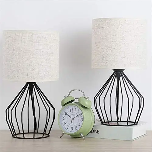 

Table Lamps Set of 2 Small Lamp Set Geometric with Grey Lampshade and Hollowed Out Metal Base for Bedroom Living Room Desk, Gra
