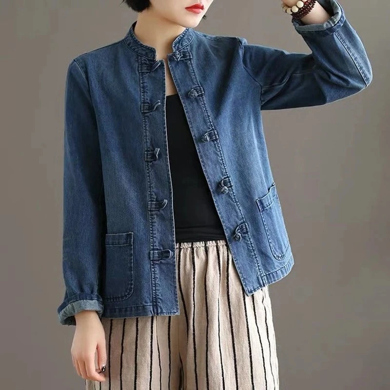 

Женское джинсовое однобортное пальто, повседневное свободное хлопковое пальто с круглым вырезом и длинным рукавом, с вышивкой, верхняя одежда, весна-осень 2023