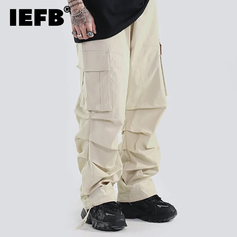 

IEFB Men's Pleated Casual Pants New Hip Hop Overalls Drawstring Trendy Solid Color Male Fold Cargo Pants Elastic Waist 9A4322