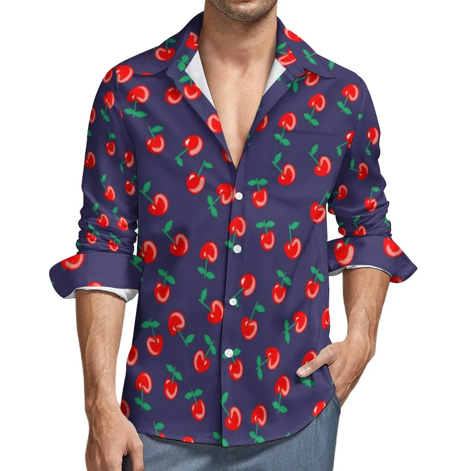 

Sweet Cherry Casual Shirts Men Cute Fruit Print Shirt Long Sleeve Trendy Street Blouses Autumn Printed Clothing 3XL 4XL