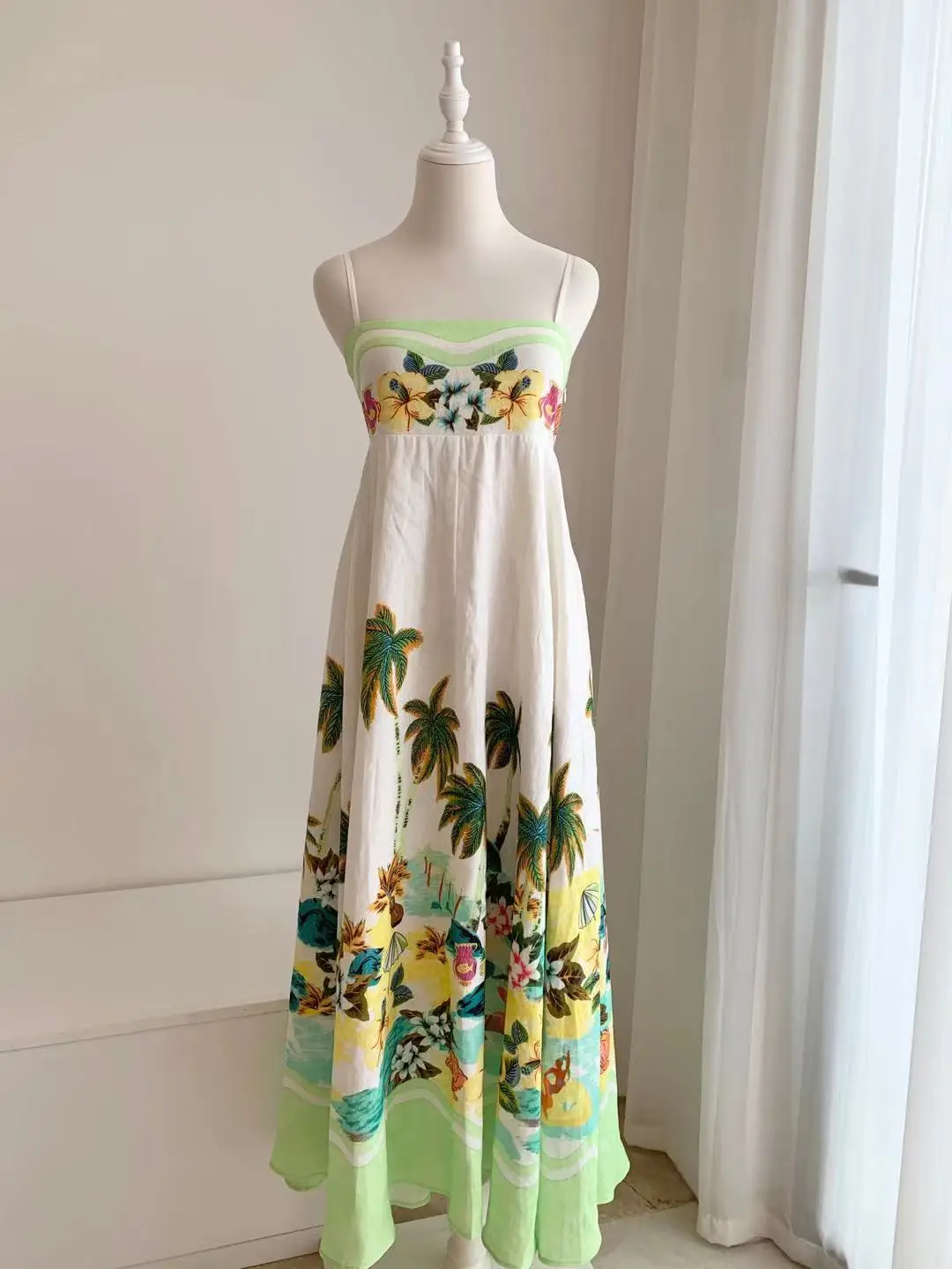 Women's Coconut Tree Print Strapless Sleeveless Beach Style Linen Midi Dress