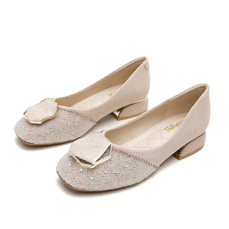 Plus Size 33-43 Women Pumps 3cm Heel Square Toe Lady Shoes Bling Crystal Designer Style Sweet Wedding Party Casual Loafers Femal