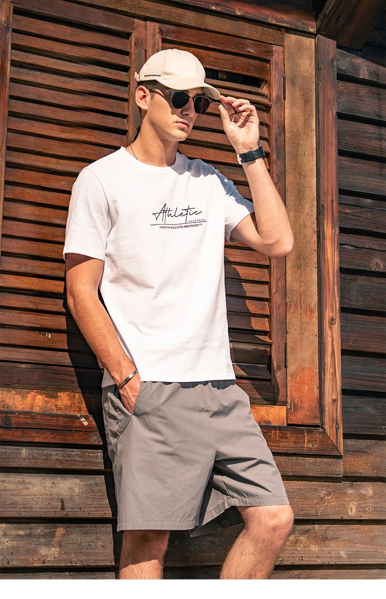 

0744, летняя Тяжелая хлопковая Простая мужская футболка с принтом букв и коротким рукавом, 2023