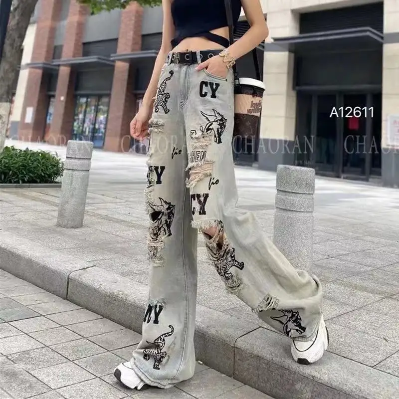 

Netflix top star jeans straight trousers broken beggar trousers mopping trousers long trousers 2022 spring new trendy models 2XL