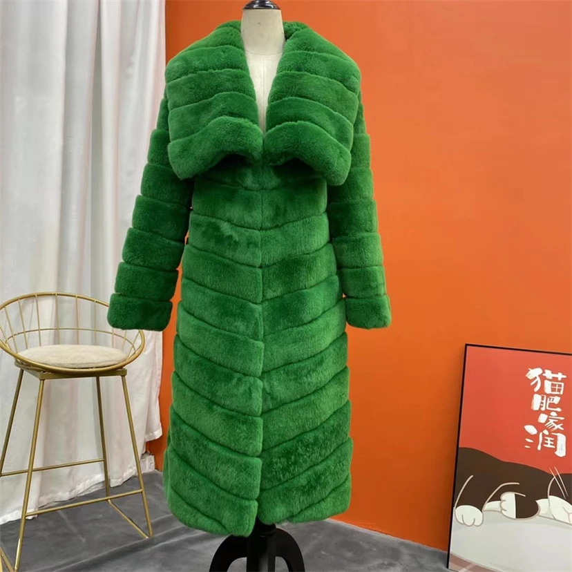 Furyoume Winter Real Fur Coat Natural Rex Rabbit Fur Jacket Long Turn-down Collar Outerwear Brand Luxury Thick Warm Streetwear