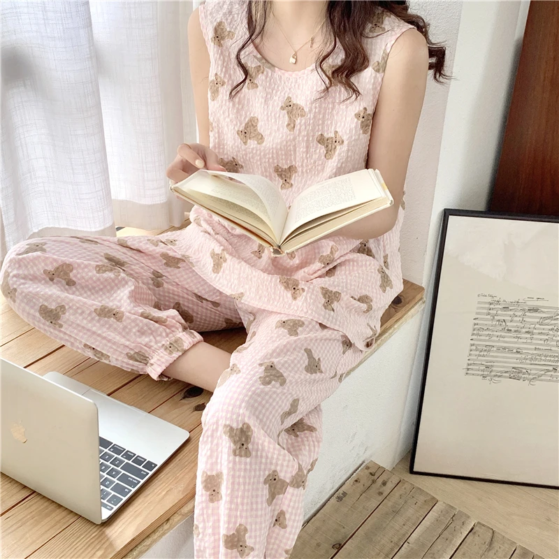 

Sleeveless Tank Tops + Trousers Suit Two Piece Pajamas Set Cotton Kawaii Home Suit Pleated Sleepwear Pink Blue Homewear