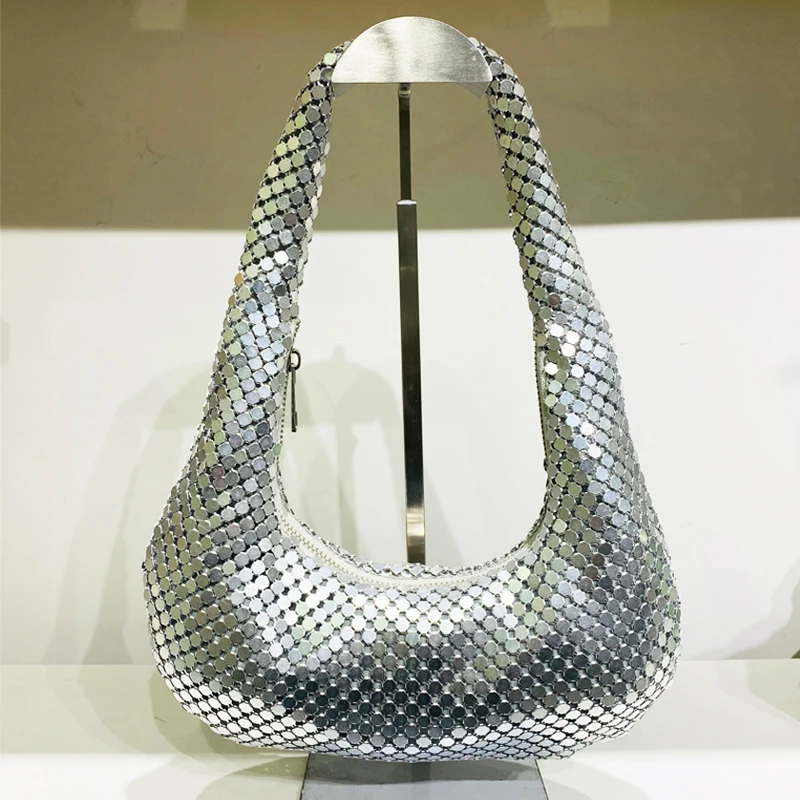 

Half Moon Bag Purses And Handbags Luxury Designer Bags For Women 2023 New Fashion Silver Metallic Sequins Shoulder Underarm bag