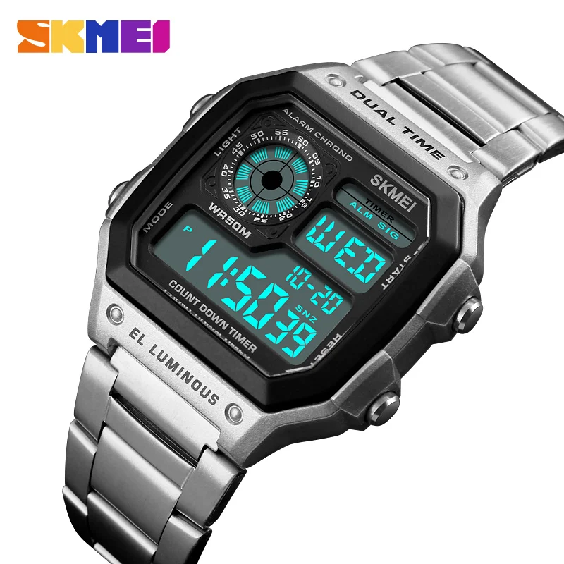 

SKMEI Top Luxury Fashion Sport Watch Men Clock 5Bar Waterproof Watches Stainless Steel Strap Digital Watch Reloj Hombre 2021 New