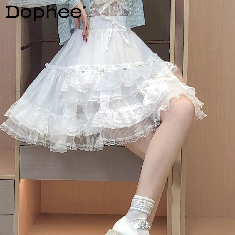 

Rhinestone Beaded Stitching Lace Ruffled Cake Skirt Women Fashion All-Match White Pleated Skirt Kawaii 2022 Spring Summer Faldas
