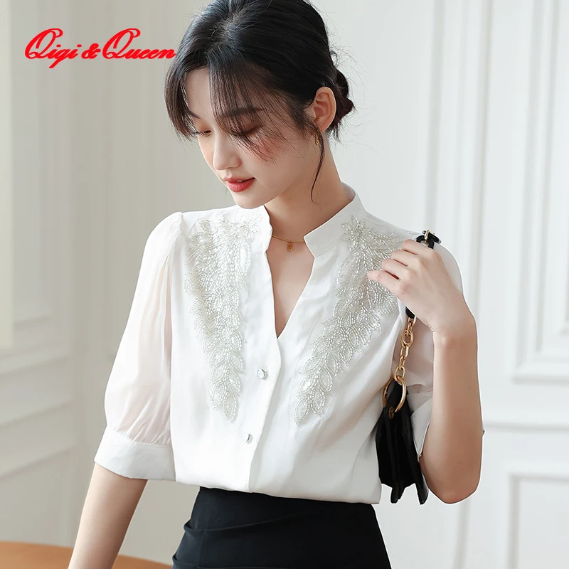 

Женская шифоновая блузка Qiqi & queen, повседневная элегантная Свободная шифоновая рубашка в Корейском стиле с V-образным вырезом и блестками, лето 2023