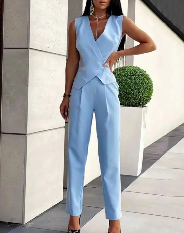 Women's Blazer Suit Elegant 2 Piece Work Office Ladies Double Breasted V Neck Blazer Sleeveless Top and Pants Set