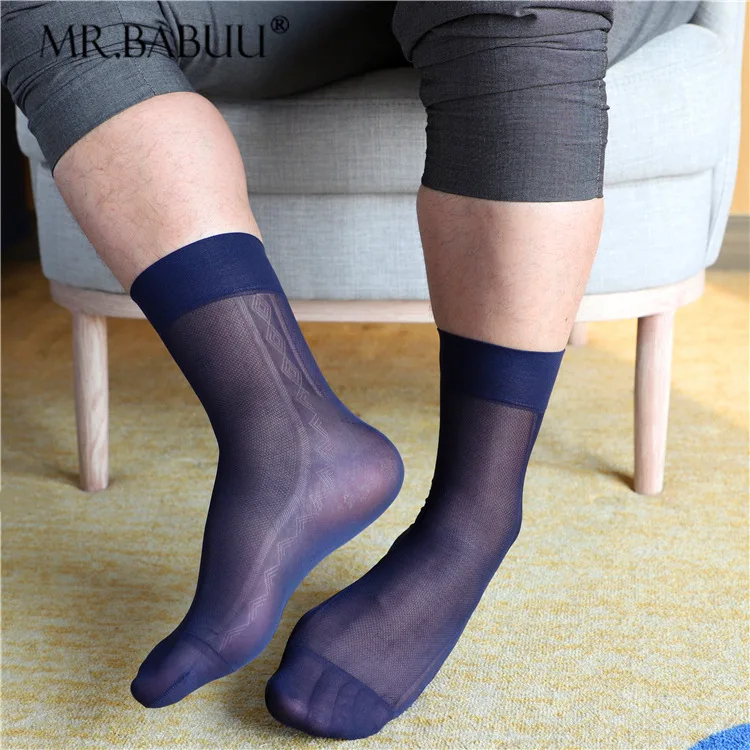 Men's Lightweight Breathable Sheer Stockings Retro Geometric Transparent Sexy Socks Business Dress Casual Nylon Short Stockings