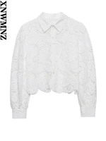 xnwmnz 2022 women fashion crochet shirts woman holiday style hollow lapel long sleeve female casual chic shirts