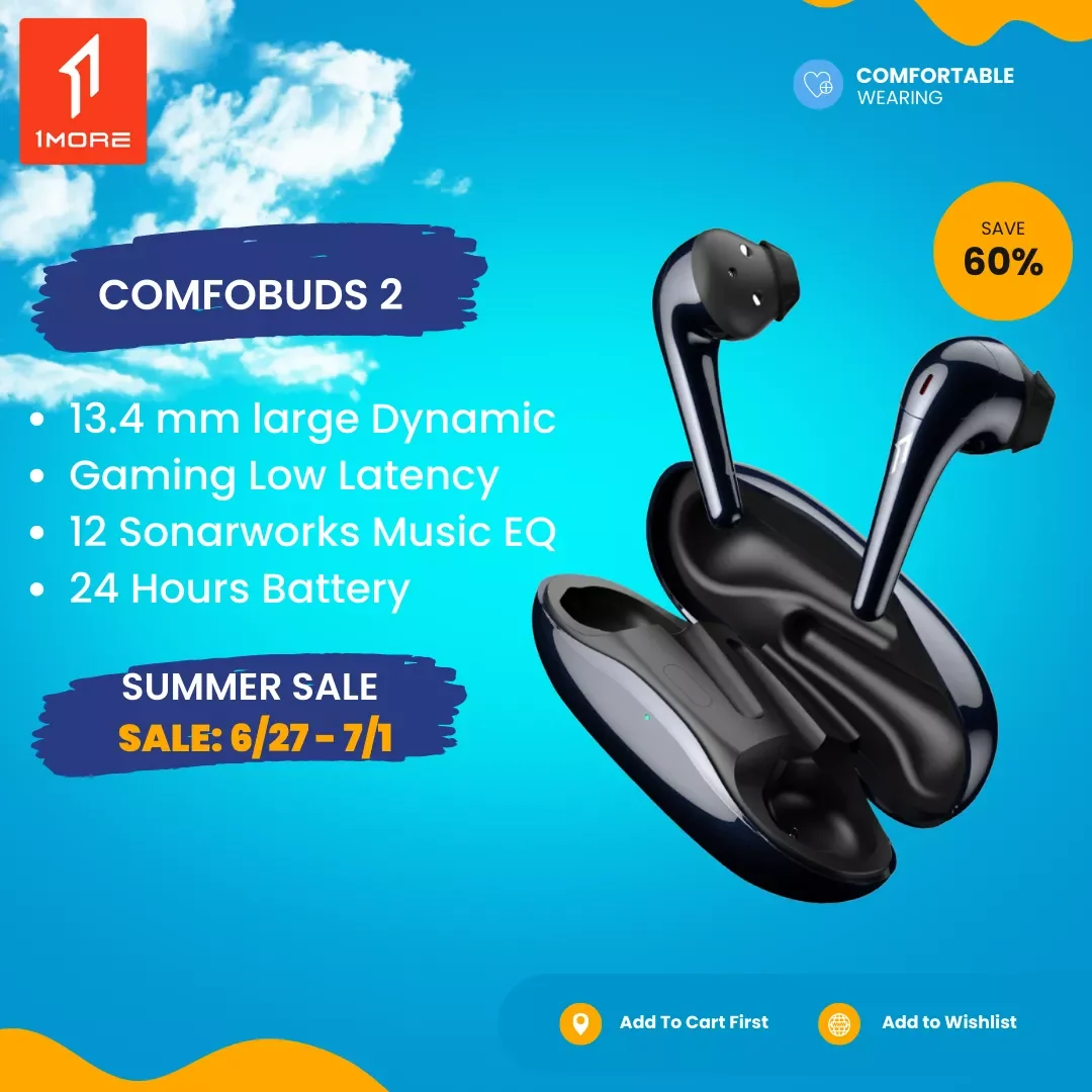 

World Premiere 1MORE ComfoBuds 2 Bluetooth 5.2 Wireless Headphones Tws 12 Sonarworks EQ 13.4mm Dynamic Gaming Mode Earphones