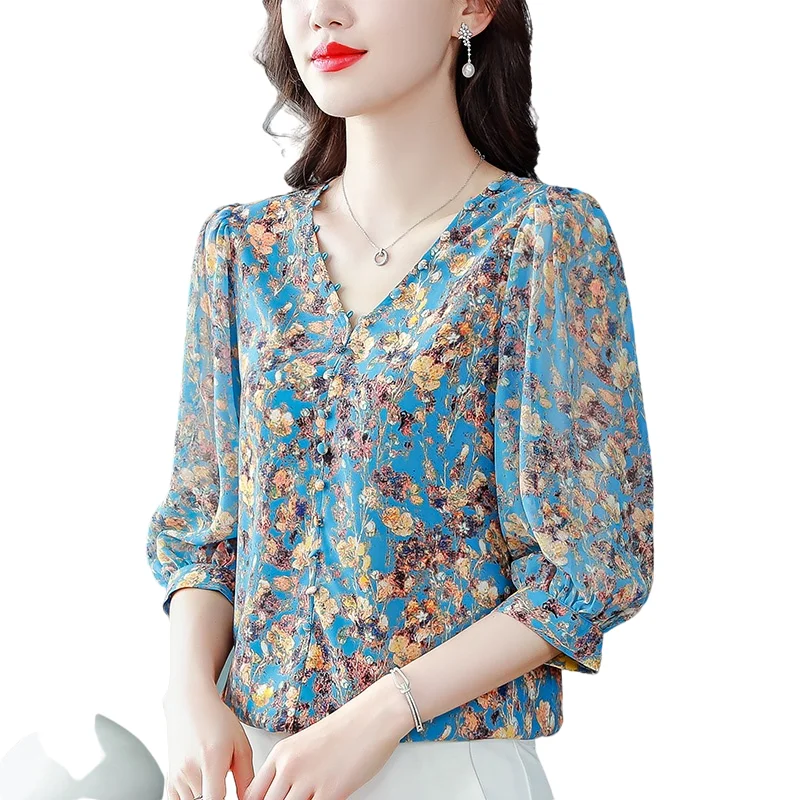 Блузка женская шифоновая с V-образным вырезом и рукавом 3/4