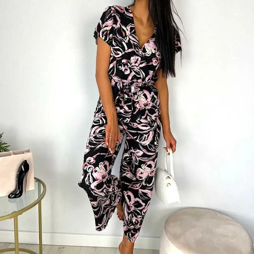

Women Jumpsuits Casual Flower Printed Short Sleeve Slim Lace-up Playsuits Summer Elegant Wide-leg Trousers combinaison femme