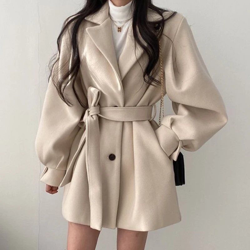 

Coats & Jackets Wool & Blends Quilted Coats Chic 2022 Fall Notched Two Button Slim Lantern Sleeve Woolen Coat Women Belt Korean
