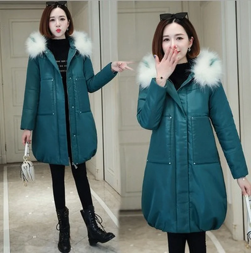 Mid-length Winter Women Coats Hooded Down Cotton Jackets Parkas Fashion Casual Big Fur Collar Warm Ladies Jacket Windbreaker New