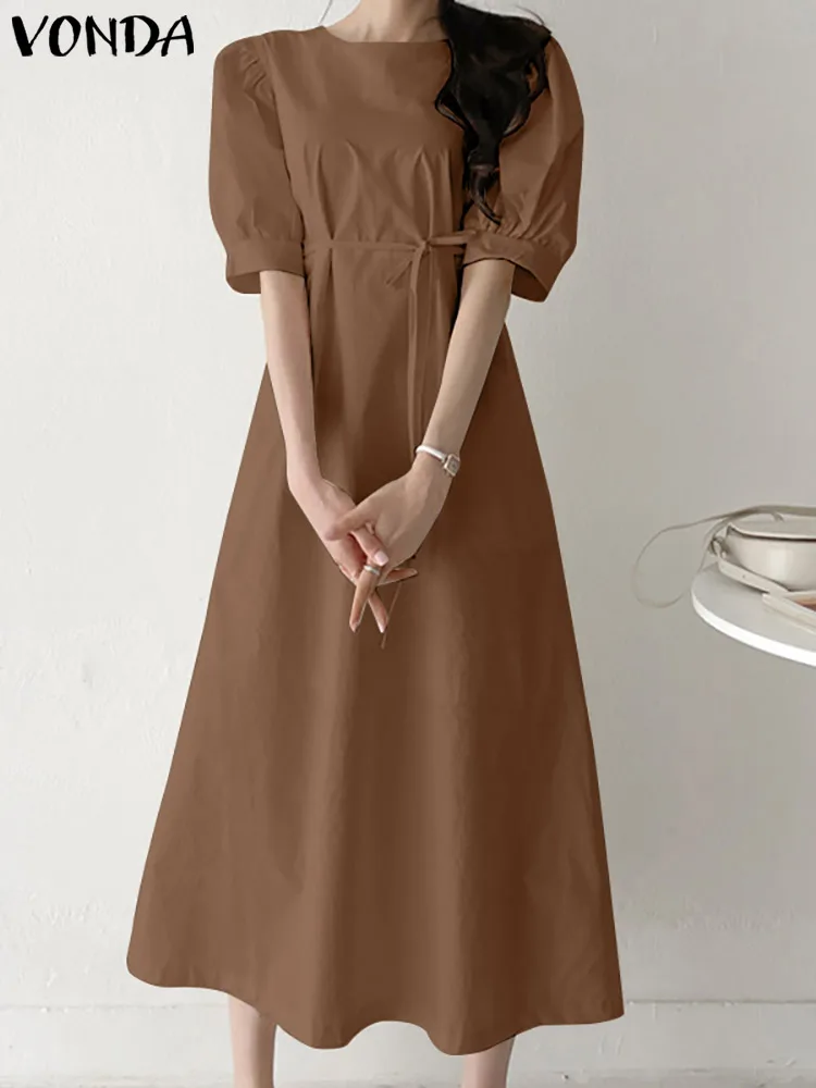 

VONDA Elegant Women Puff Short Sleeve Summer Dress 2022 Bohemain Vestidos Party Casual Loose Solid A Line Dresses Oversized Robe