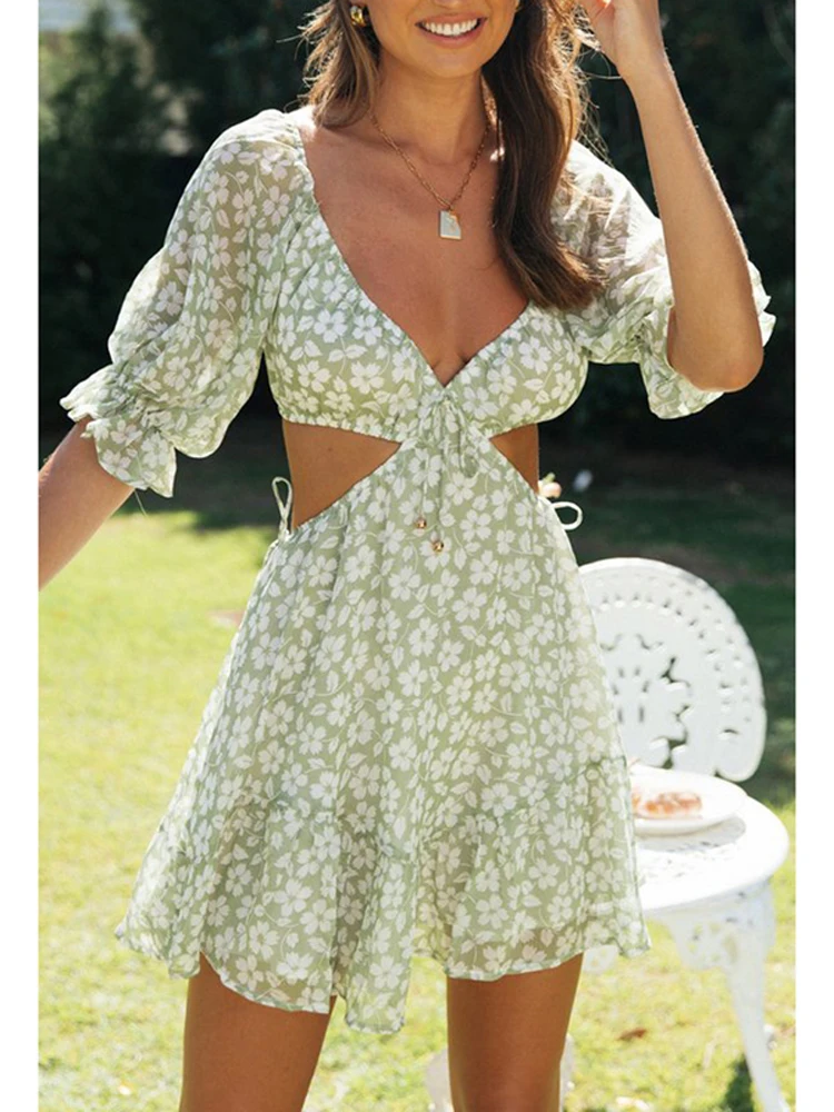 

wsevypo Boho Summer Floral Beach Dress Casual Women Puffed Half Sleeves Ruffle Mini Dress Party Hollow Out Backless A-Line Dress