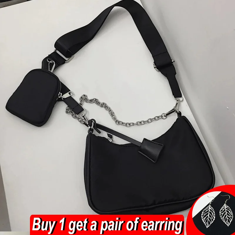 

New Black Shoulder Bag For Women Nylon Chains Crossbody Bag Large Capacity Messenger Bag 2pcs Lady Handbag sac a main