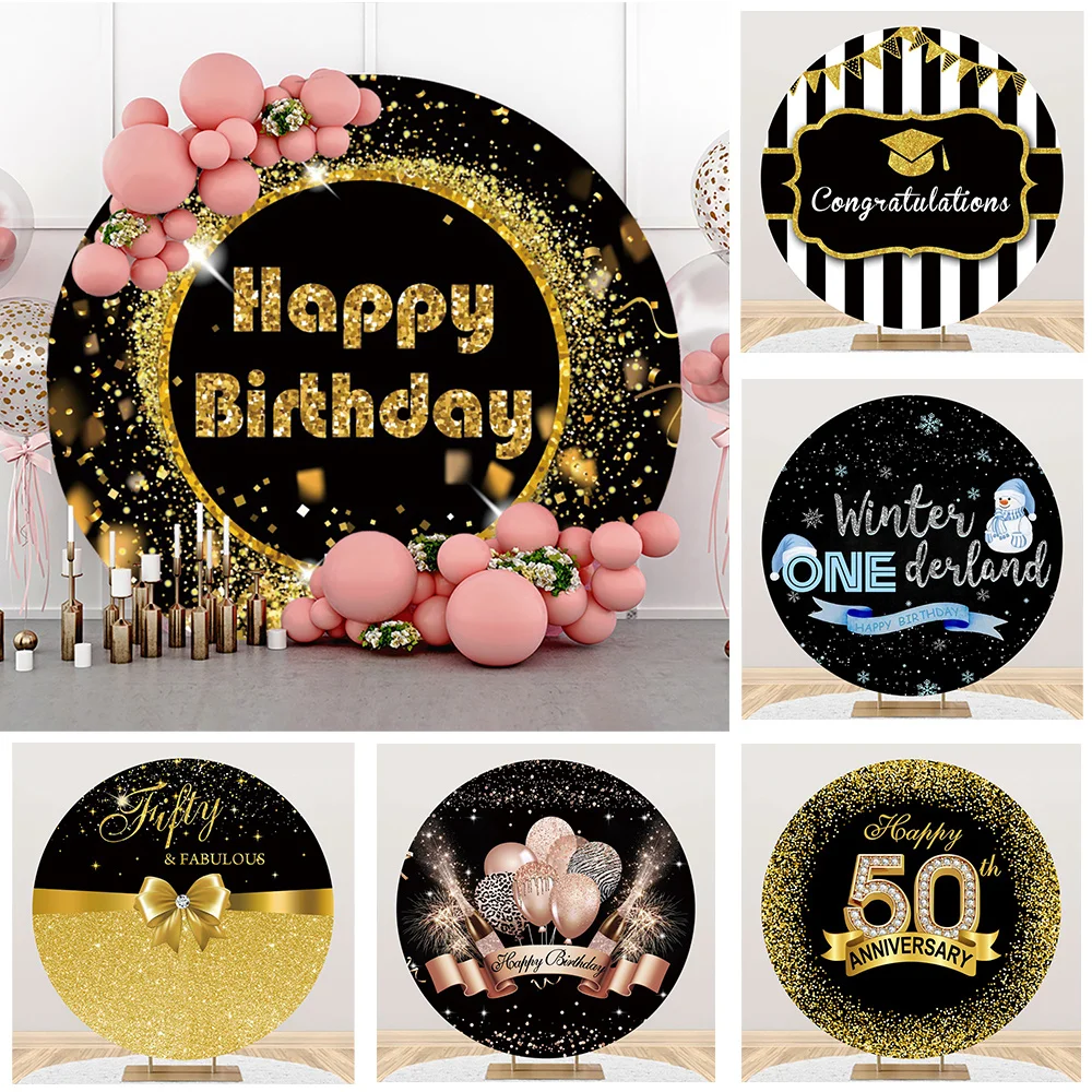 

Пользовательский черный круглый задний фон для дня рождения, фотографический фон для нового года