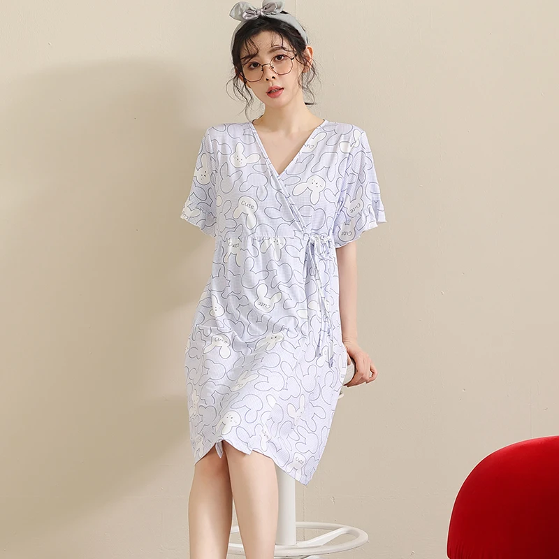 

Summer Women's Nightgowns Short-sleeve Dress Cute Letter Cartoon Printed Sleepshirts Cotton Sexy Japanese Kimono Nightdress 5XL