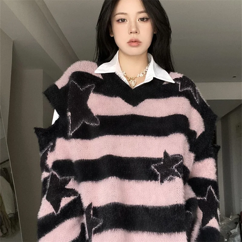 

Sexy Hollow Out Star Sweater Women Korean Fashion V-neck Long Sleeve Detachable Striped Knit Pullovers Soft Jumper 2023 Springr