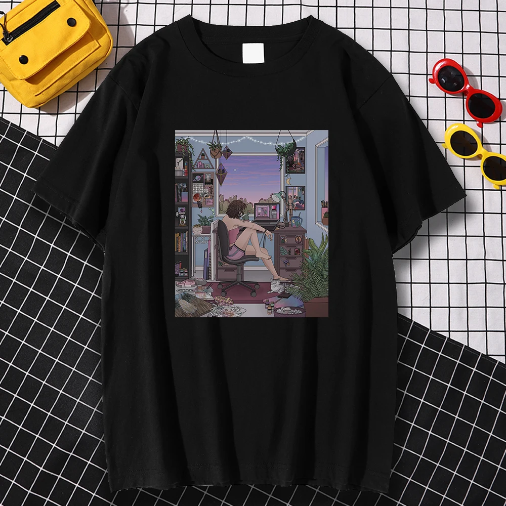 

Creative Space House Print T Shirts Summer Man Short Sleeve New Oversized Top Women Fashion Hip Hop Street Tee Harajuku Tshirts