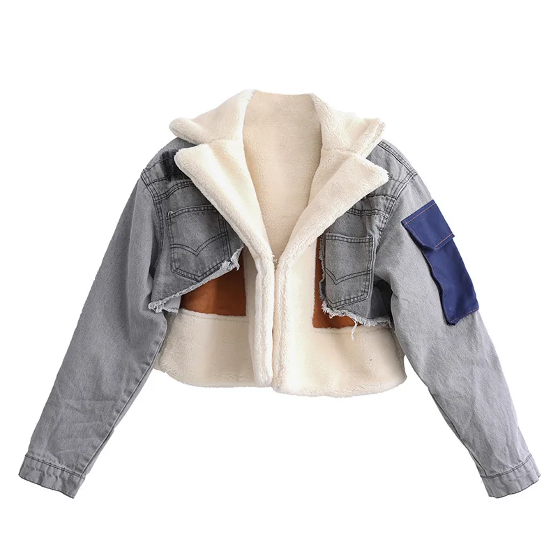 2022 Autumn and Winter Women's European and American Denim Short Jacket Jacket Plus Velvet Thick Cotton Coat Warm Cotton Coat