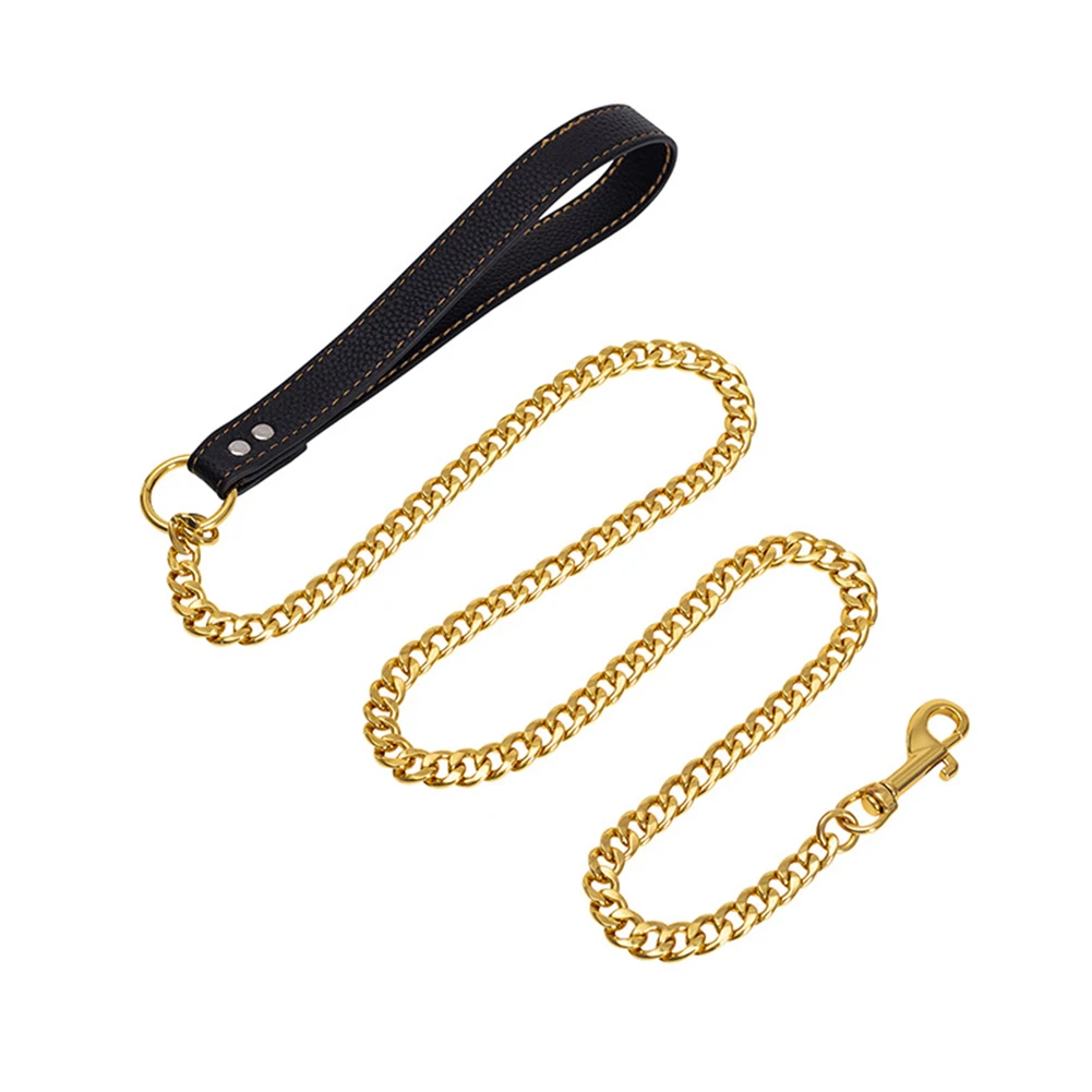 

Поводок-цепочка с кожаной ручкой, сверхпрочный жевательный металлический поводок для собак, для дрессировки, прогулок, бега