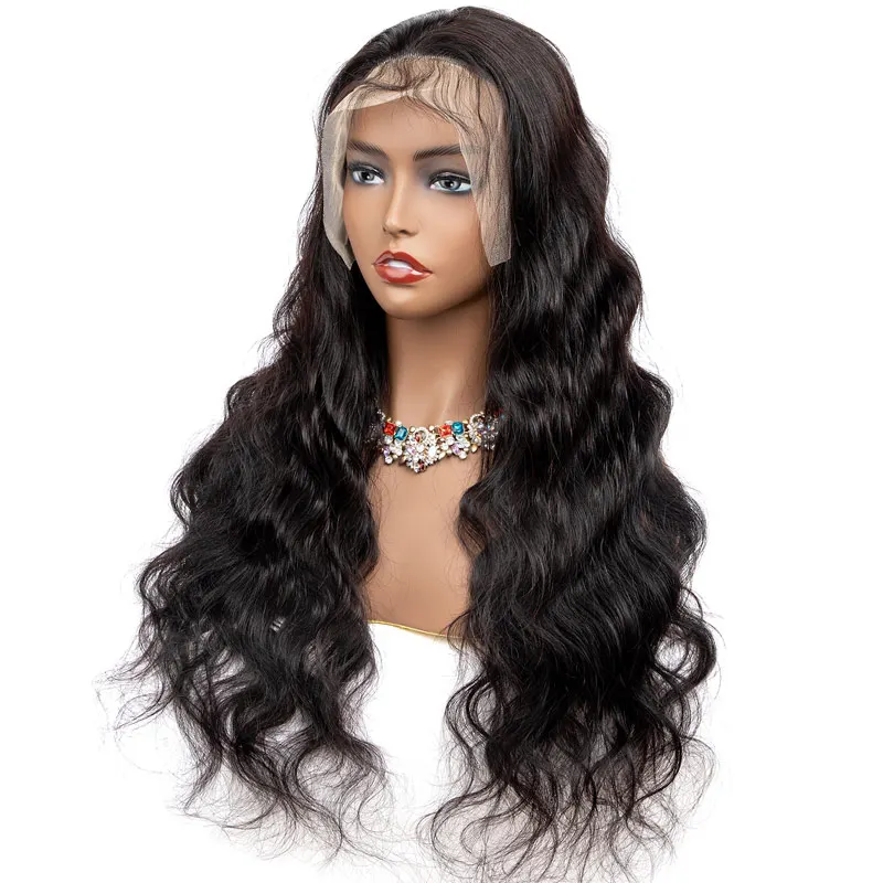 Plussign-pelucas de cabello humano con encaje Frontal 13x4, postizo de pelo Natural ondulado, color negro, Remy, Hd