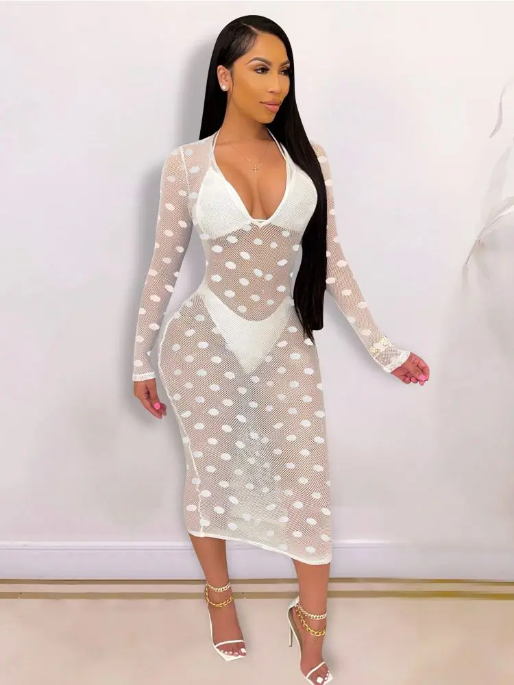 

Sheer Midi Dresses Bikinis Sets Sexy Summer Dress Sets Vacation Beach Outfits for Women Bathing Suit 3 Pieces Set Mesh