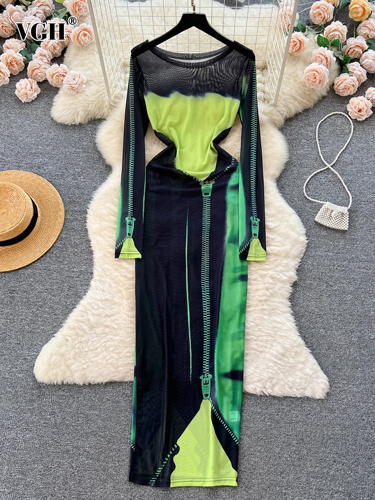 

VGH Hit Color Slimming Sheer Dress For Women Round Neck Long Sleeve High Waist Temperament Elegant Dresses Female Fashion New