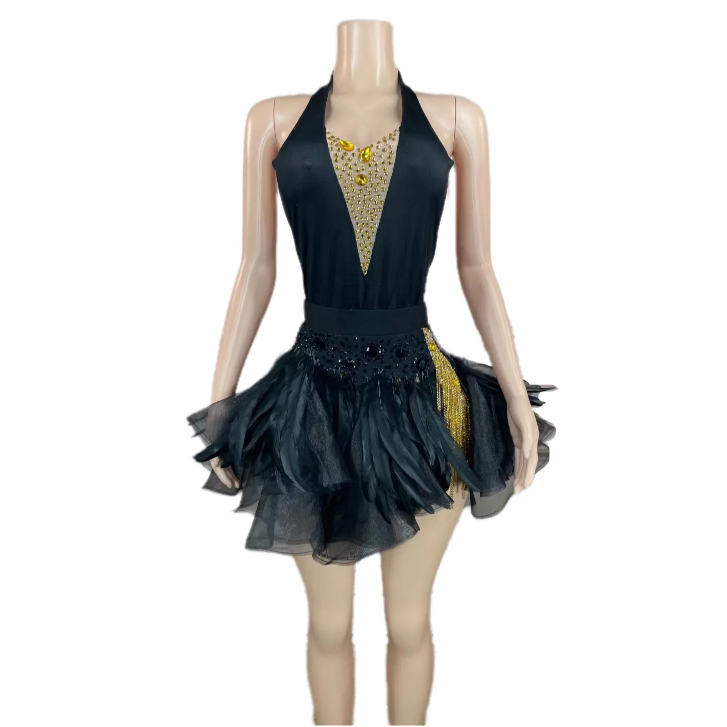 

Black Halter Backless Shining Rhinestones Gauze Folds Sexy Dress For Women Jazz Latin Dance Clothing Celebrity Costumes