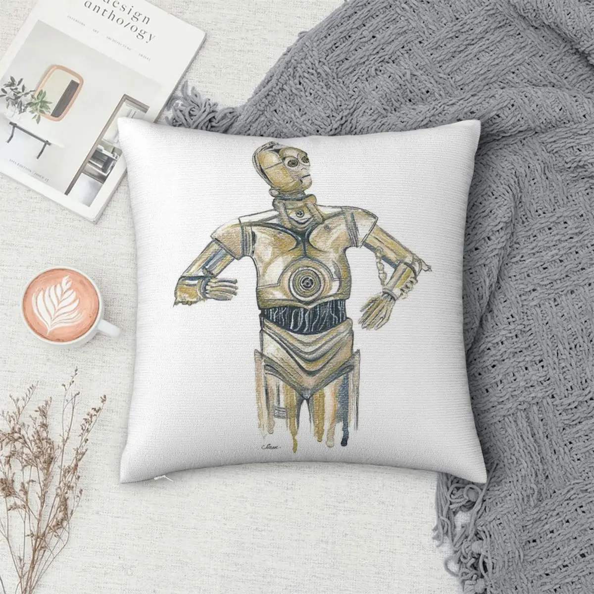 Фото Наволочка C3PO Watercolor Nostalgic Droid квадратная, из полиэстера, льна и бархата, с узором, на молнии, для дивана/кресла №4