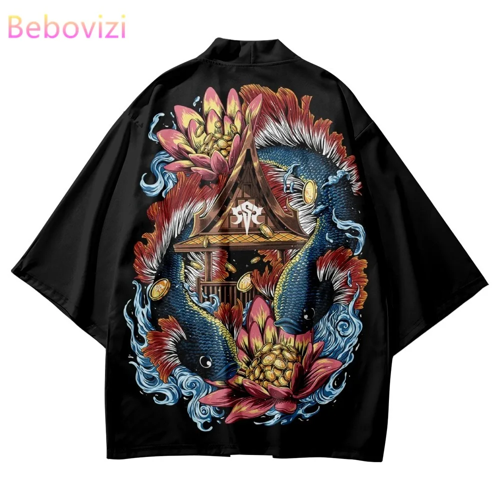 

2022 Summer Japanese Fashion Carp Print Kimono Streetwear Cardigan Oversized Robe Women Men Haori Top Yukata Plus Size 5XL 6XL