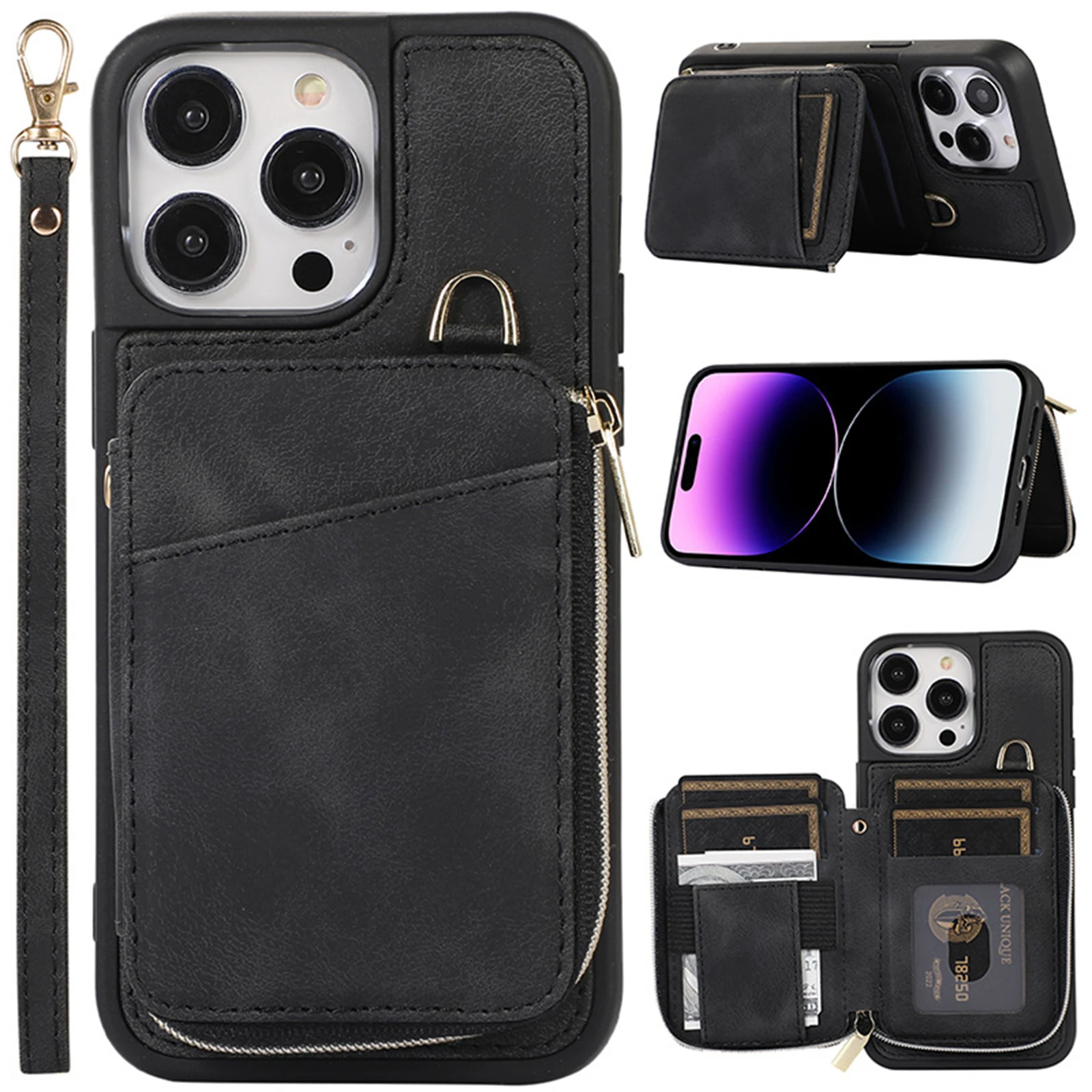 

Кожаный чехол-бумажник на молнии для iPhone 15 Pro Max 14 13 12 11 Pro XS XR X 8 7 6Plus