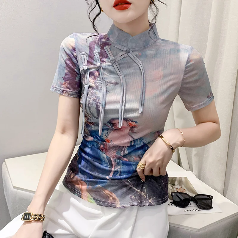 # 5709 Летняя футболка женская с воротником-стойкой винтажная узкая сетчатая