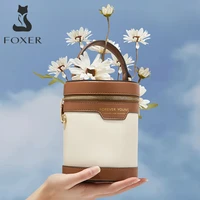 foxer original women vintage cylinder handbag summer split leather shoulder messenger bag premium bucket bag round cossbody bag