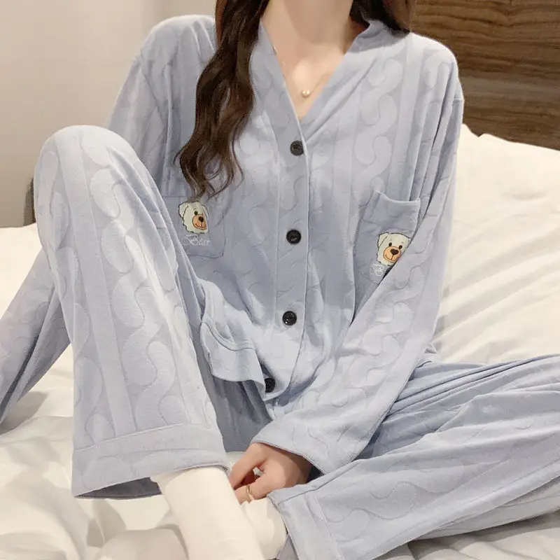 QWEEK Japanese Sweets Room Wear Women's Pajamas Cute Clothes Sleepwear Bear Print Homewear Long Sleeve Cardigan Pyjamas