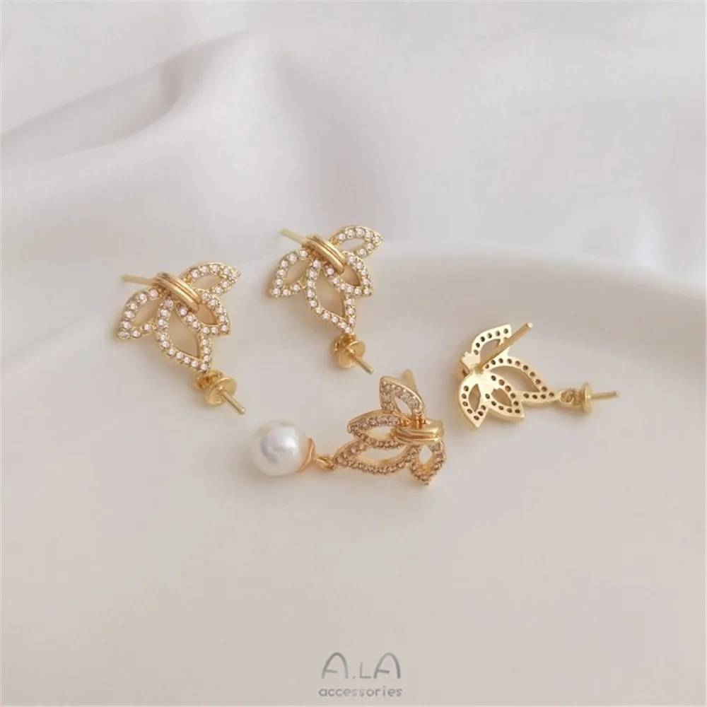 

14K gold inlaid zirconium fashion leaf flower shaped pendant stud 925 silver pin DIY pearl ear accessories