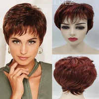 mommy full wigs womens fashion wine red short wigs with bangs pixie hairstyle heat resistant synthetic hair perruque femme